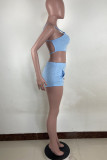 Blue Sexy Solid Patchwork Backless Spaghetti Strap Sleeveless Two Pieces