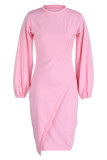 Pink Casual Solid Patchwork O Neck One Step Skirt Dresses