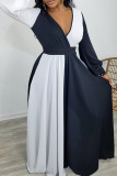 Black White Fashion Casual Solid Patchwork Contrast V Neck Long Sleeve Dresses