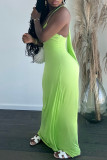 Fluorescent Green Fashion Sexy Solid Patchwork Backless Spaghetti Strap Long Dress