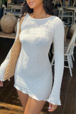White Fashion Casual Solid Patchwork O Neck Long Sleeve Dresses