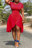 Red Fashion Casual Solid Patchwork Asymmetrical O Neck Short Sleeve Dress