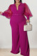 Purple Casual Solid Patchwork V Neck Plus Size Jumpsuits