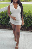 White Sexy Casual Solid Draw String Frenulum V Neck Sleeveless Dress