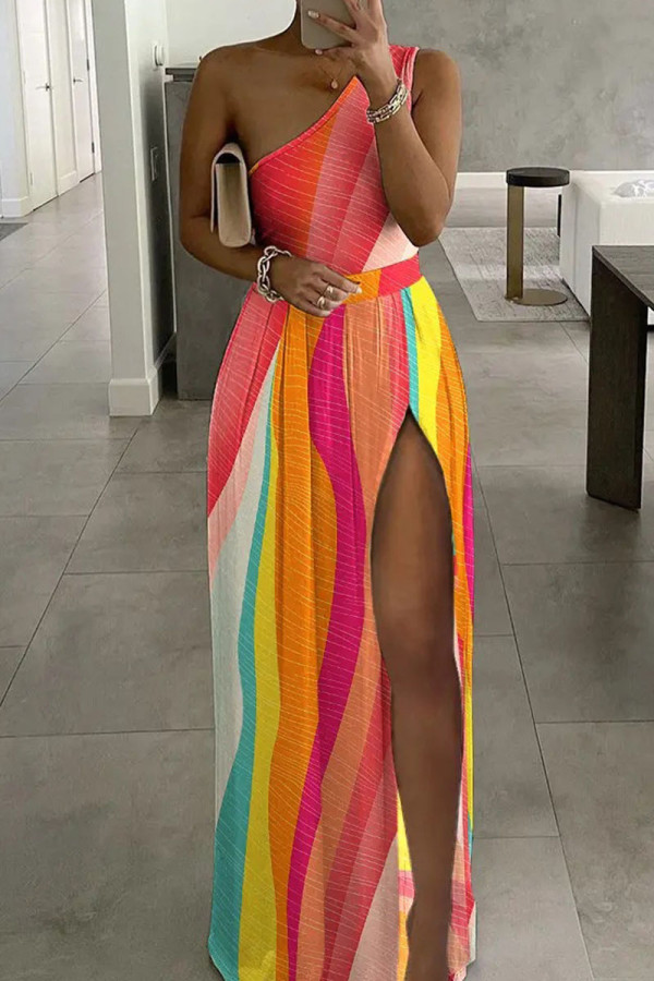 Orange Pink Casual Print Patchwork Slit Oblique Collar Straight Dresses