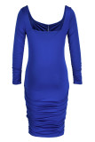 Royal Blue Fashion Sexy Solid Fold Square Collar Long Sleeve Dresses