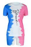 Powder Blue Fashion Print Patchwork O Neck Short Sleeve Two Pieces