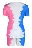 Powder Blue Fashion Print Patchwork O Neck Short Sleeve Two Pieces