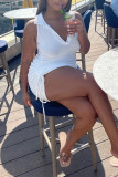 White Sexy Casual Solid Draw String Frenulum V Neck Sleeveless Dress