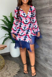 Multicolor Fashion Casual Print Tassel Patchwork V Neck Long Sleeve Dresses
