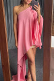 Pink Casual Solid Patchwork One Shoulder Irregular Dress Dresses