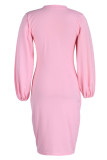 Pink Casual Solid Patchwork O Neck One Step Skirt Dresses