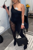 Black Sexy Solid Patchwork Oblique Collar Skinny Jumpsuits