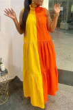 Orange Yellow Fashion Casual Solid Patchwork Contrast Mandarin Collar Sleeveless Dress