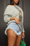 Grey Fashion Casual Solid Ripped Hollowed Out O Neck Tops