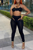Black Sexy Solid Hollowed Out Patchwork Asymmetrical Halter Sleeveless Two Pieces