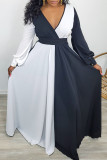 Black White Fashion Casual Solid Patchwork Contrast V Neck Long Sleeve Dresses