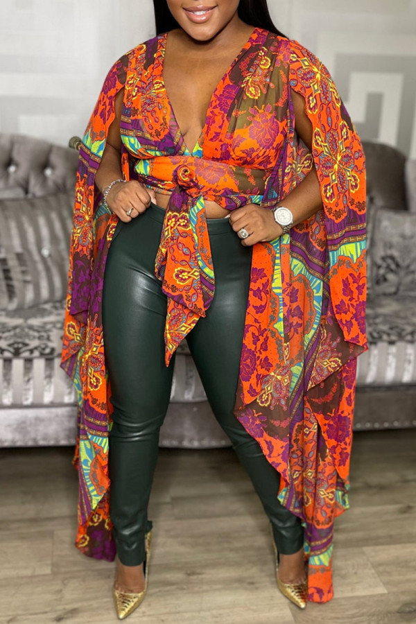 Multicolor Sexy Casual Print Patchwork Asymmetrical V Neck Tops
