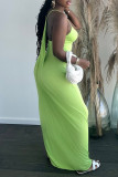 Fluorescent Green Fashion Sexy Solid Patchwork Backless Spaghetti Strap Long Dress
