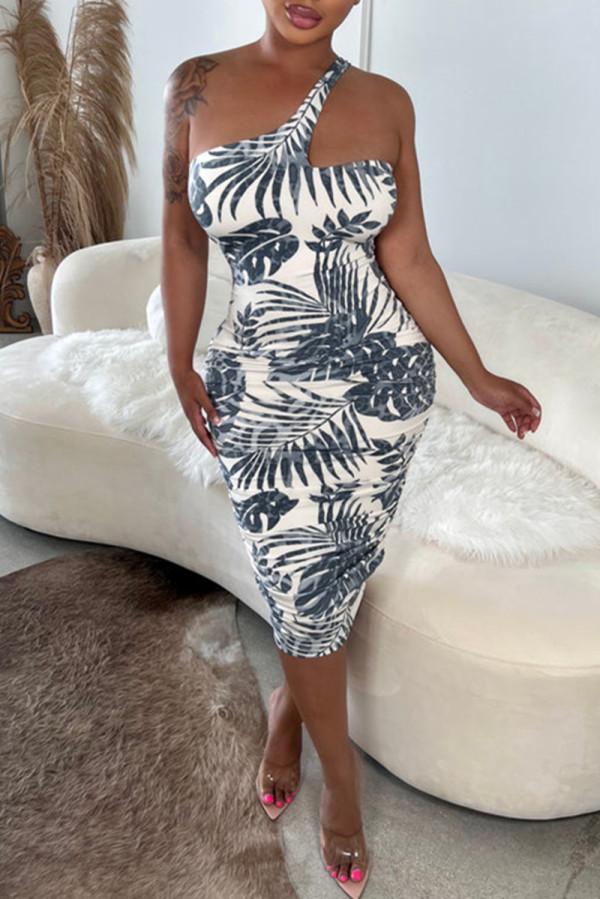 White Fashion Sexy Print Backless One Shoulder Strapless Dress
