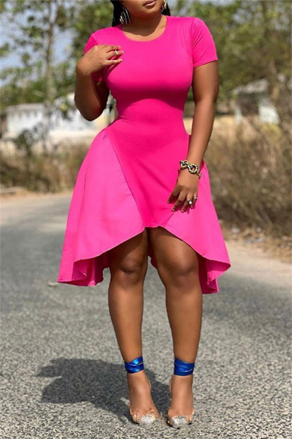 Rose Red Fashion Casual Solid Patchwork Asymmetrical O Neck Short Sleeve Dress