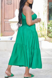 Green Sexy Casual Solid Backless Oblique Collar One Shoulder Dress