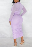 Light Purple Sexy Solid Hollowed Out Patchwork Pencil Skirt Dresses