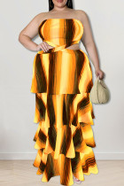 Yellow Sexy Striped Print Hollowed Out Patchwork Strapless Cake Skirt Plus Size Dresses