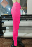 Rose Red Casual Solid Patchwork Skinny High Waist Pencil Solid Color Bottoms