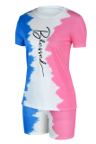 Powder Blue Fashion Print Patchwork O Neck Short Sleeve Two Pieces