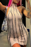 Apricot Sexy Solid Tassel Halter Pencil Skirt Dresses