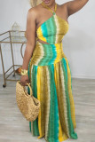 Green Yellow Fashion Sexy Print Backless Slit Halter Strapless Dress