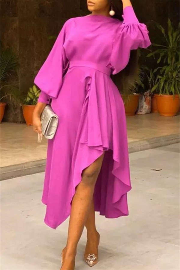 Rose Red Fashion Casual Solid Patchwork Asymmetrical O Neck Long Sleeve Dresses