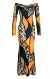 Orange Yellow Fashion Casual Print Patchwork V Neck Long Sleeve Dresses