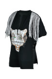 Coffee Fashion Casual Print Tassel Patchwork V Neck T-Shirts