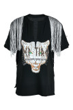 Coffee Fashion Casual Print Tassel Patchwork V Neck T-Shirts