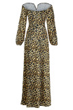 Tiger Pattern Fashion Sexy Print Slit Off the Shoulder Long Sleeve Dresses