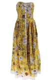 Yellow Sexy Print High Opening Strapless Cake Skirt Dresses