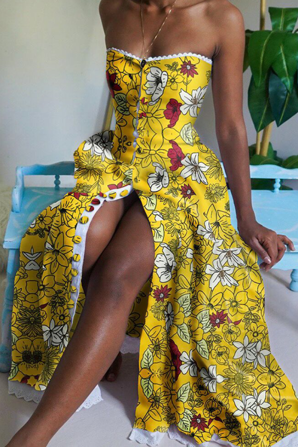 Yellow Sexy Print High Opening Strapless Cake Skirt Dresses