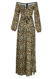 Tiger Pattern Fashion Sexy Print Slit Off the Shoulder Long Sleeve Dresses