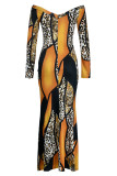 Orange Yellow Fashion Casual Print Patchwork V Neck Long Sleeve Dresses