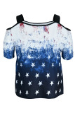 White Blue Red Fashion Casual Print Patchwork Off the Shoulder Plus Size Tops