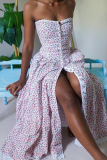 White Sexy Print High Opening Strapless Cake Skirt Dresses