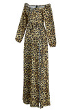 Tiger Pattern Fashion Sexy Print Slit Off the Shoulder Long Sleeve Dresses