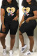 Black Fashion Street Character Print Letter O Neck Short Sleeve Two Pieces