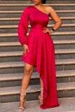 Red Fashion Sexy Formal Solid Backless Asymmetrical Oblique Collar Long Sleeve Dresses