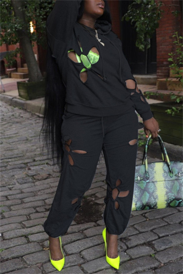 Black Fashion Casual Solid Hollowed Out Hooded Collar Long Sleeve Two Pieces