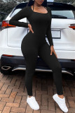 Blue Fashion Casual Sportswear Solid Patchwork O Neck Skinny Jumpsuits