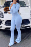Light Blue Fashion Casual Solid Patchwork Zipper Collar Skinny Jumpsuits