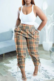 Deep Coffee Fashion Casual Plaid Print Patchwork Regular High Waist Trousers